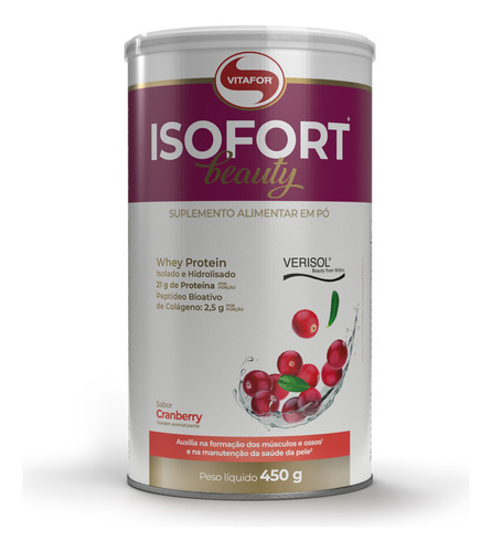 Suplemento em pó Vitafor Isofort Beauty Whey Protein com colageno Verisol lata de 450g sabor Cranberry