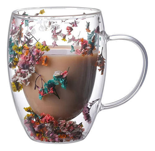 Taza Creativa De Vidrio De Doble Pared Con Flor Seca Color Transparente Taza Doble Fondo Frio Caliente