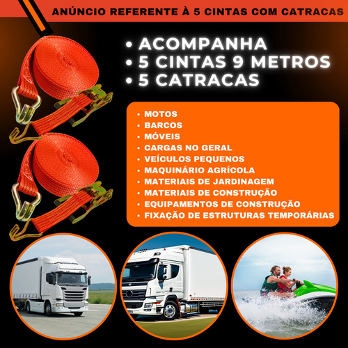 Kit 5 X Cinta Catraca 3 Toneladas Cinta Para Amarração Gancho Tipo J 9 Metros Suporta Até 3000 Kg Atmas