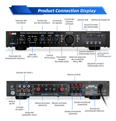 Amplificador De Audio Bluetooth Hzero Hz298bt 5.1 Estereo Color Negro Potencia De Salida Rms 2000 W Voltage 127v, Con Control Remoto, Compatible Con Usb/sd