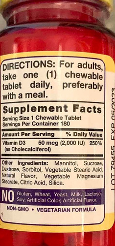 Vitamina D3 Masticable 50 Mcg 2000iu X 180 Caps Piping Rock