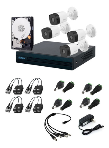 Kit Mextec Videovigilancia 4 Cámaras Dahua Bala B1a21 2mp/ Dvr 4 Canales - 2mpx / Hdd 500gb + Baluns + Accesorios - Circuito Cerrado