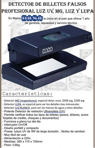 Imagen 2 de 7 de Detector De Billetes Falsos Dasa 3 En 1 Uv - Mg - Lupa - Luz