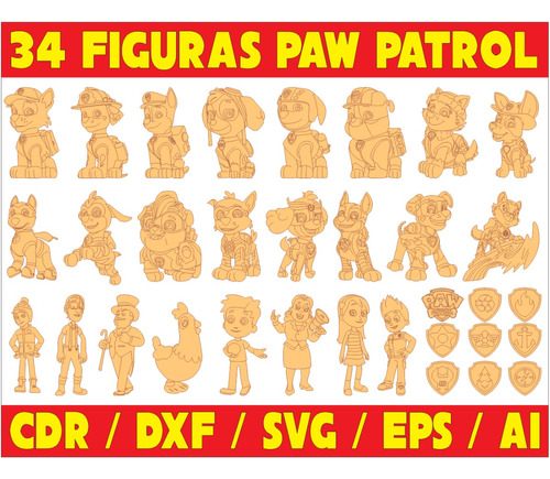 Pack Vectores Corte Laser - 34 Figuras Paw Patrol
