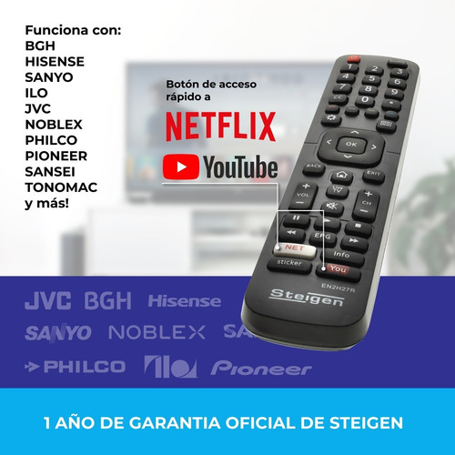 Imagen 2 de 5 de Control Remoto En2h27 Smart Tv Noblex Philco Ilo Jvc Netflix