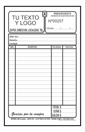 4 Talonarios Personalizados Duplicados Presupuesto 11x17 Cm