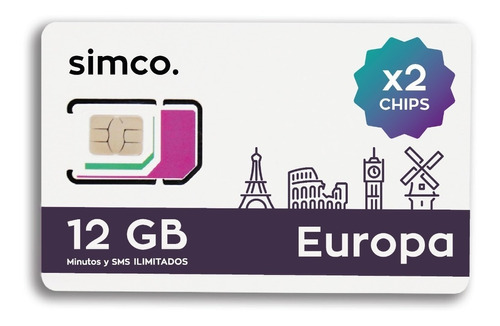 X2 Chips Plan Europa C/u 12 Gb + Min + Sms