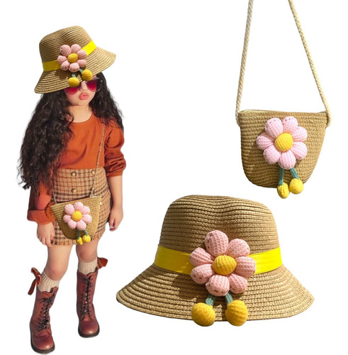 Sombrero De Paja Pavas Con Diseño Niñas Accesorios Bolso 