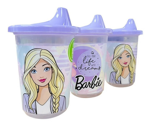 Set 3 Vasos Entrenador Barbie Reutilizable Toma Jugo Niña Color Turquesa