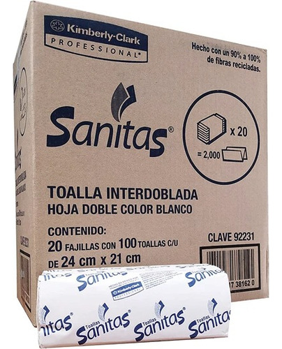 Toalla Interdoblada Para Manos Sanitas 20 Pack C/ 100