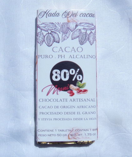 Tableta De Chocolate 80% Cacao Sin Azucar Stevia Keto Vegano