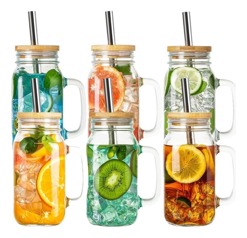 6 Pzs Vasos De Vidrio Con Tapa Y Popote,tarro Mason Con Tapa