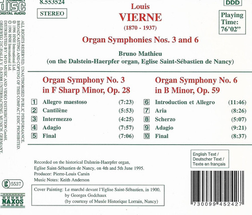 Cd Vierne Organ Symphonies 3 E 6 Bruno Mathieu Organ (Usado)
