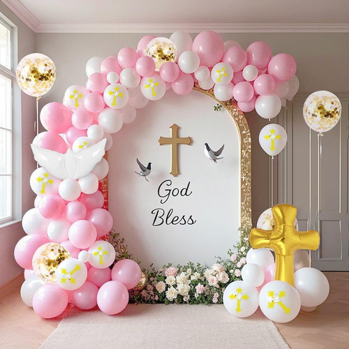 Kit 132 Piezas Decoración Primera Comunión Rosa Con Globos