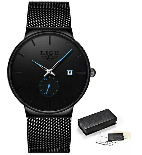 Reloj Elegante Hombre Casual Lige 9969 Correa En Malla Negra