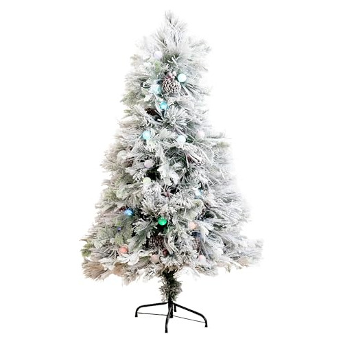 Árbol Navideño Flocado 5 Pies Con Luces Led De Colores