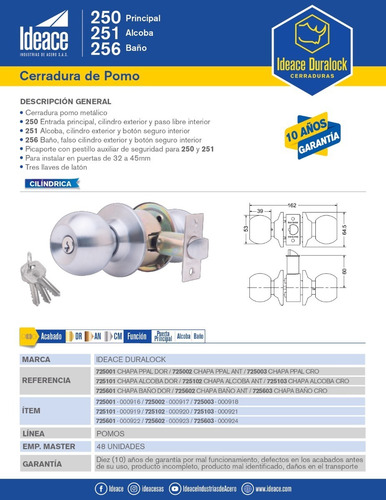 Imagen 2 de 2 de Chapa Alcoba Cromado Mate 251 Ref.725103 Ideace