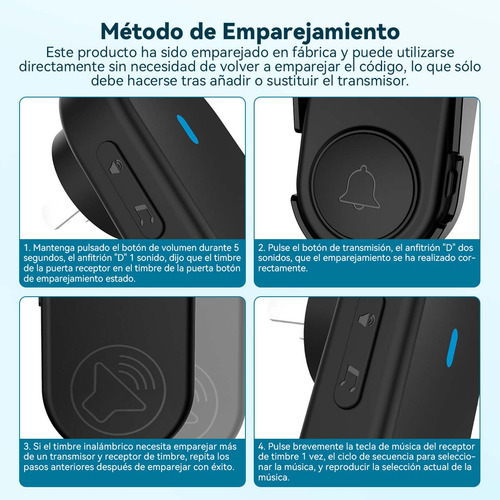 Timbre Inalámbrico Impermeable Con Luz Led 1 Transmiso 1 Rec Negro