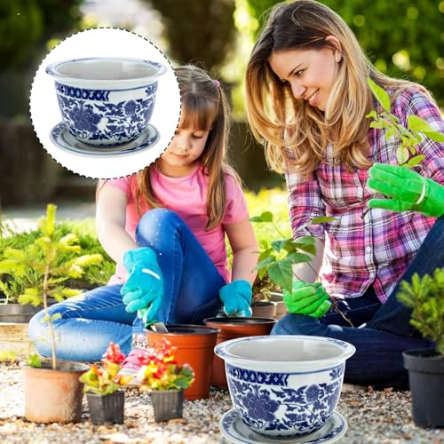 Macetero Cerámica Azul Y Blanco, 1 Juego Macetas Chinas Con