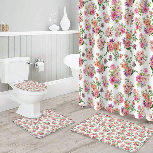 4pcscortina De Ducha Con Diseño De Flores Y Hojas
