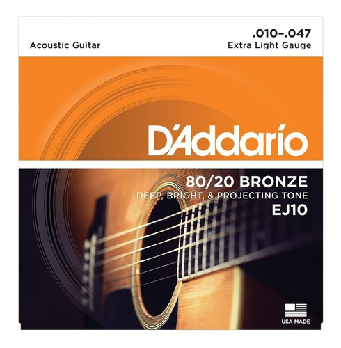 Cuerdas Guitarra Acustica Daddario 010 Encordado 80/20 Ej10