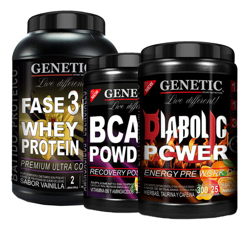 Aumento Muscular Whey Pro + Diabolic + Bcaa Powder Genetic Sabor Vainilla