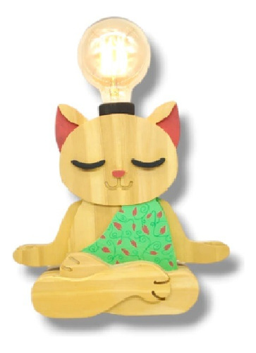 Velador Lampara Gatito Madera Meditando Zen Buda