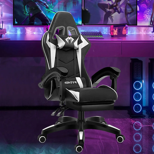 Cadeira Gamer Python Fly Gc01 Ergonômica Com Apoio Para Pés E Encosto Reclinável Até 150kg Preto/branco Couro Sintético