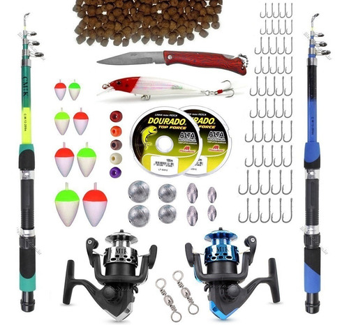 Kit Pesca C/ 2 Varas Telescópicas E 2 Molinetes+ Acessórios