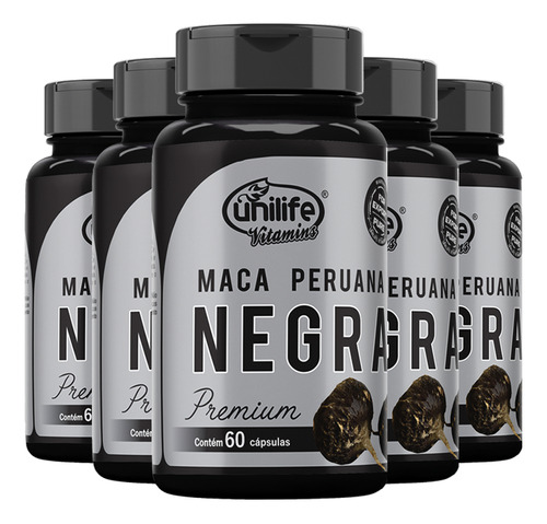 Kit 5 Maca Peruana Negra Premium Unilife 60 Cápsulas