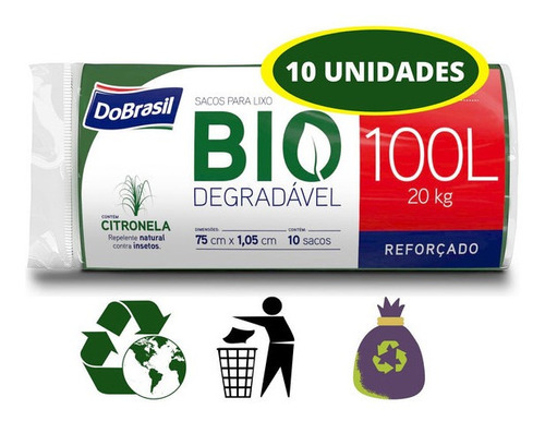 Saco De Lixo Biodegradável 10 Unidades 100 Lts Perfume Cor Verde