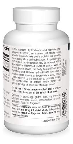 Source Naturals Betaína 650 Mg, 180 Tabletas Sabor Sin Sabor