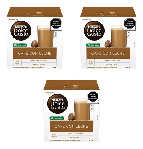 Cápsulas Nescafé Dolce Gusto Café Con Leche 3 Cajas 16 Pzas