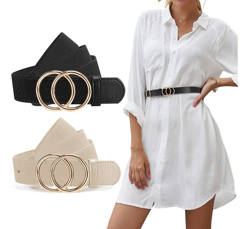 Cinturones Mujer Elásticos Cinto Dama Hebilla Anillo Vestido Color Crema Y Negro Diseño De La Tela Lisa Talla Único
