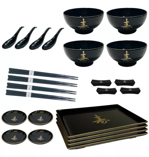 Kit Jogo Jantar Redondo 4 Lugares Oriental Japonês 18 Peças