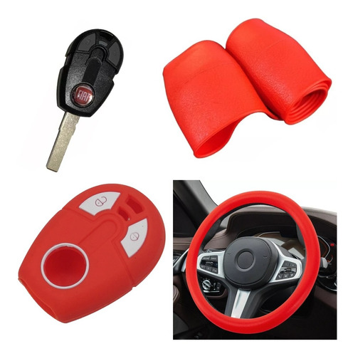 Cubre Volante + Funda Llave Silicona - Fiat Idea Strada Rojo