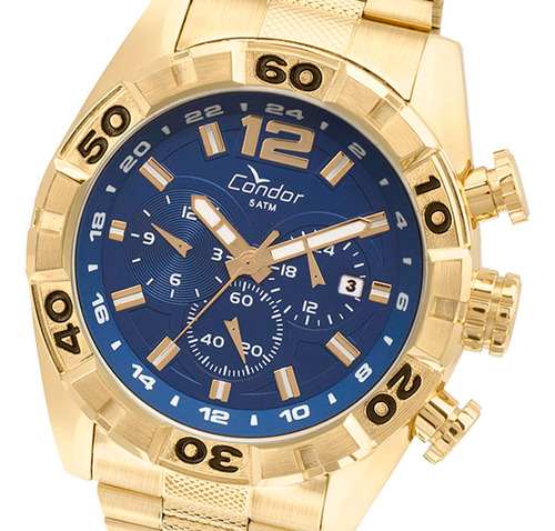 Relógio Condor Masculino Cronógrafo Azul Dourado Grande