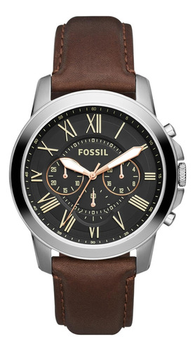 Reloj Fossil Grant Fs4813 Cuero Marrón Caballero Formal Color de la correa Marrón oscuro Color del bisel Plateado Color del fondo Negro