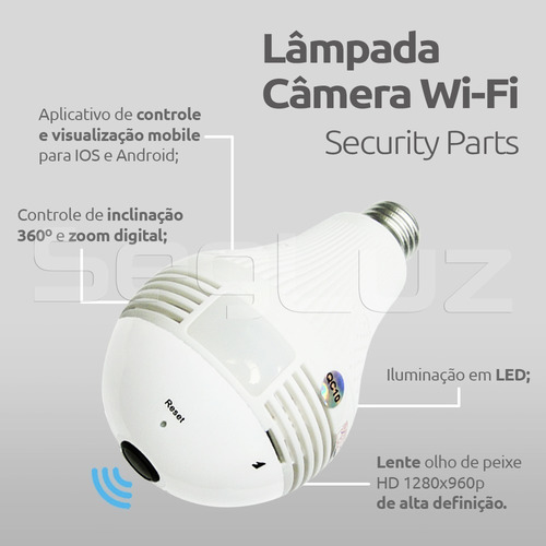 Imagem 2 de 5 de Lampada Espiã Camera De Seguranca Ip Wifi Vr 360 Panoramica