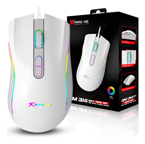 Mouse para jogos Xtrike Me Gm314 Rgb Led Light Ambidestro com cabo USB 2.0 para PC, notebook de 7200 Dpi - Branco