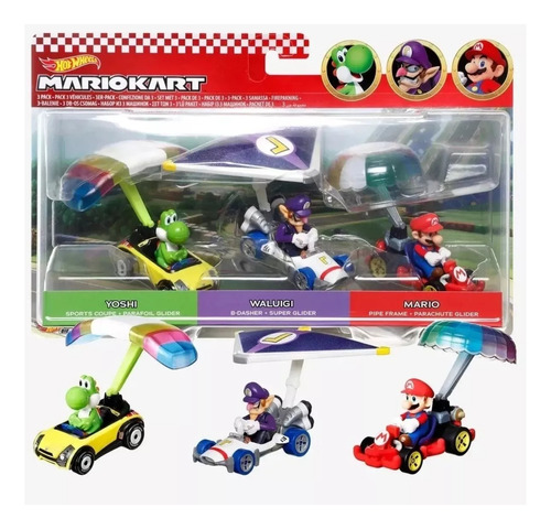 Mario Kart Hot Wheels, 3 Pack Glider - Yoshi, Mario, Waluigi