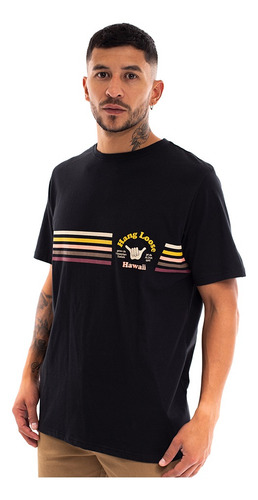 Imagen 2 de 7 de Polera Manga Corta Hombre Hang Loose Hawaii Franjas Negro