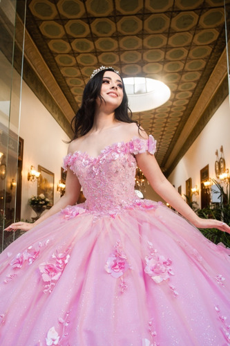 Imagen 4 de 10 de Vestido Largo De Quinceañera Flores 3d Tulle Glitter Encaje