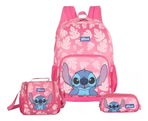 Mochila Escolar Laptop Stitch Rosa + Lancheira + Estojo
