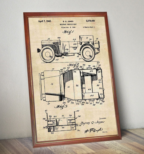 Patente Retro 1942 Jeep Militar Willys M38 Poster Enmarcado