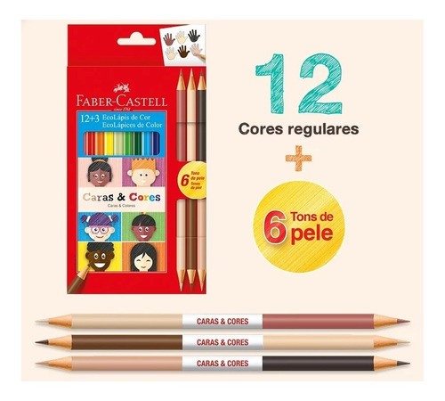 Lapis Caras E Cores Faber Castell 12 Cores + 6 Tons De Pele