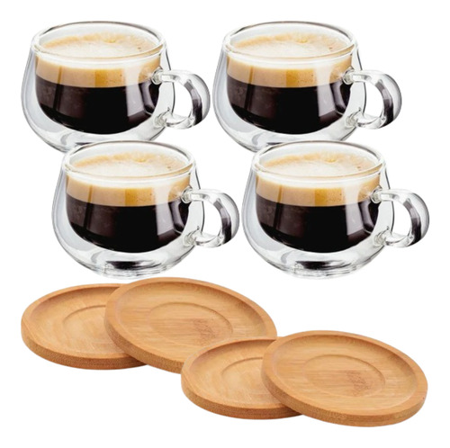 Xicaras Vidro Duplo Com Pires Caneca Parede Dupla 4 Un 150ml