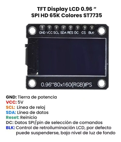 Pantalla Tft 0,96 Lcd St7735 Color Hd Rgb Arduino