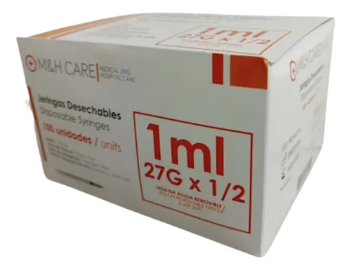JERINGA DESECHABLE 1ML 27G X1/2 (PAQ X100) NUART 0 x 100 Jeringa desechable para insulina de 1 ml con aguja 27G x ½;, con aguja fija y sin espacio muerto. Fabricada en polipropileno grado médico, esterilizada con óxido de etileno, libre de pirógenos y diseñ