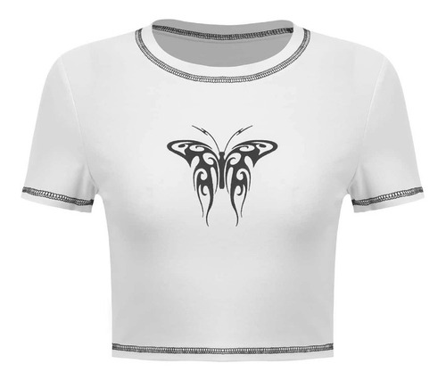 Top Costuras Contraste Mariposa Tribal Y2k Aesthetic